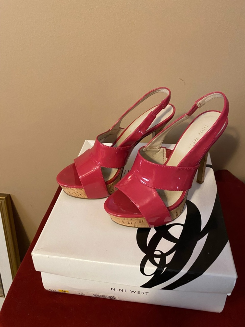 Nine West Hot Pink Patent Cork Platform Slingback Heels “FAIRGAME”